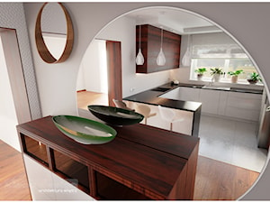 Słoneczna kuchnia. - Średnia otwarta biała z zabudowaną lodówką z podblatowym zlewozmywakiem kuchnia w kształcie litery g z oknem, styl nowoczesny - zdjęcie od Visoo Design