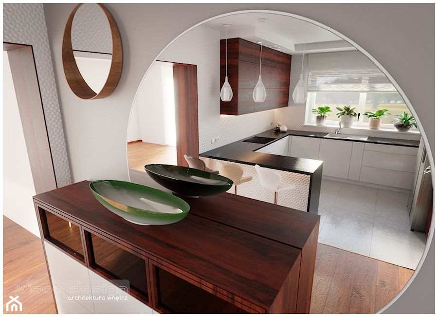 Słoneczna kuchnia. - Średnia otwarta biała z zabudowaną lodówką z podblatowym zlewozmywakiem kuchnia w kształcie litery g z oknem, styl nowoczesny - zdjęcie od Visoo Design