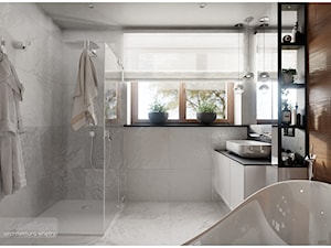 Elegancka łazienka przy sypialni. - Średnia z lustrem z punktowym oświetleniem łazienka z oknem, styl nowoczesny - zdjęcie od Visoo Design