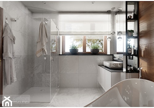 Elegancka łazienka przy sypialni. - Średnia z lustrem z punktowym oświetleniem łazienka z oknem, styl nowoczesny - zdjęcie od Visoo Design