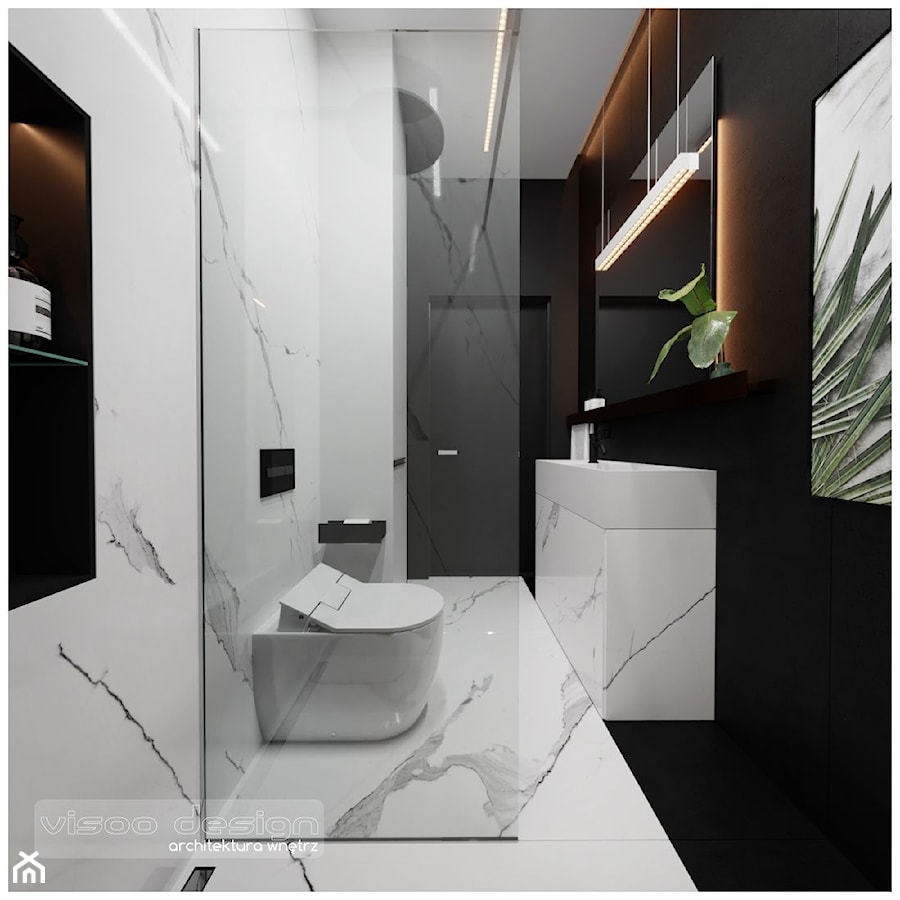 Łazienka black&white - Mała bez okna z lustrem z marmurową podłogą łazienka, styl minimalistyczny - zdjęcie od Visoo Design