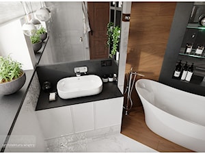 Elegancka łazienka przy sypialni. - Średnia z lustrem łazienka z oknem, styl nowoczesny - zdjęcie od Visoo Design