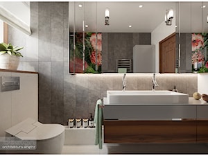 Łazienka gościnna. - Średnia z lustrem z dwoma umywalkami z punktowym oświetleniem łazienka z oknem, styl nowoczesny - zdjęcie od Visoo Design
