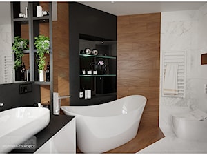 Elegancka łazienka przy sypialni. - Średnia bez okna z lustrem z punktowym oświetleniem łazienka, styl nowoczesny - zdjęcie od Visoo Design
