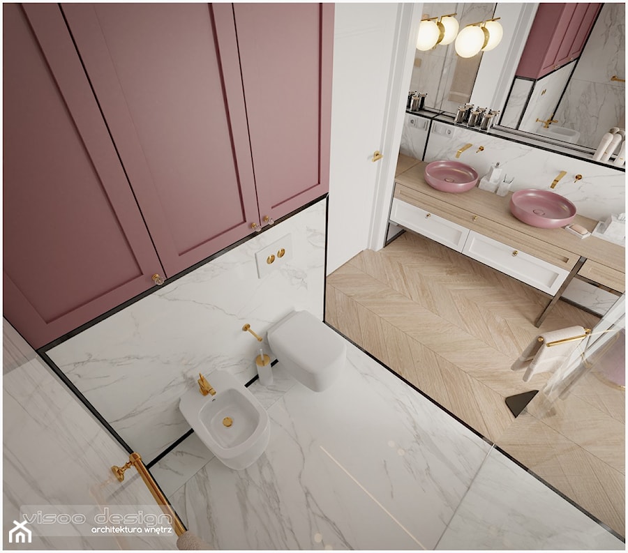 Pudrowo - różowy luksus. - Z dwoma umywalkami z marmurową podłogą łazienka, styl glamour - zdjęcie od Visoo Design