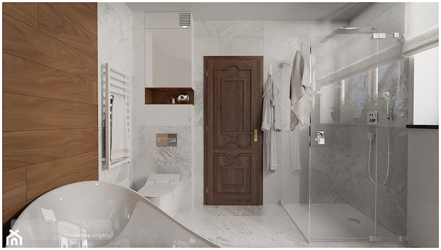 Elegancka łazienka przy sypialni. - Średnia z marmurową podłogą łazienka z oknem, styl nowoczesny - zdjęcie od Visoo Design