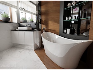 Elegancka łazienka przy sypialni. - Średnia z lustrem z marmurową podłogą łazienka z oknem, styl nowoczesny - zdjęcie od Visoo Design