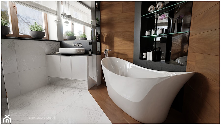 Elegancka łazienka przy sypialni. - Średnia z lustrem z marmurową podłogą łazienka z oknem, styl nowoczesny - zdjęcie od Visoo Design