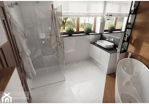 Elegancka łazienka przy sypialni. - Średnia z lustrem łazienka z oknem, styl nowoczesny - zdjęcie od Visoo Design