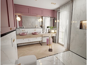 Pudrowo - różowy luksus. - Średnia z lustrem z dwoma umywalkami z marmurową podłogą z punktowym oświetleniem łazienka z oknem, styl glamour - zdjęcie od Visoo Design