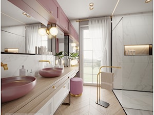 Pudrowo - różowy luksus. - Średnia z lustrem z dwoma umywalkami z punktowym oświetleniem łazienka z oknem, styl glamour - zdjęcie od Visoo Design