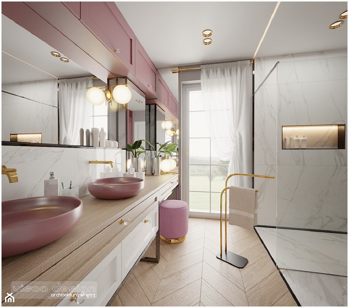 Pudrowo - różowy luksus. - Średnia z lustrem z dwoma umywalkami z punktowym oświetleniem łazienka z oknem, styl glamour - zdjęcie od Visoo Design - Homebook