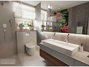Łazienka gościnna. - Średnia z lustrem z dwoma umywalkami z punktowym oświetleniem łazienka z oknem, styl nowoczesny - zdjęcie od Visoo Design