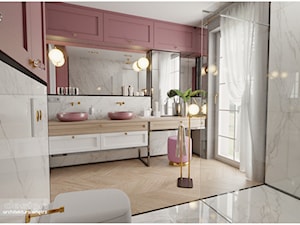 Pudrowo - różowy luksus. - Średnia z lustrem z dwoma umywalkami łazienka z oknem, styl glamour - zdjęcie od Visoo Design