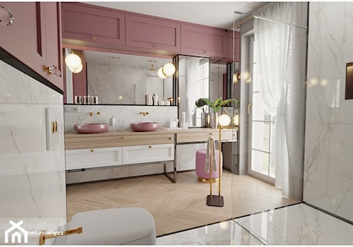 Pudrowo - różowy luksus. - Średnia z lustrem z dwoma umywalkami łazienka z oknem, styl glamour - zdjęcie od Visoo Design