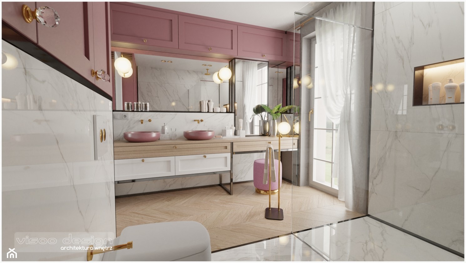 Pudrowo - różowy luksus. - Średnia z lustrem z dwoma umywalkami łazienka z oknem, styl glamour - zdjęcie od Visoo Design - Homebook