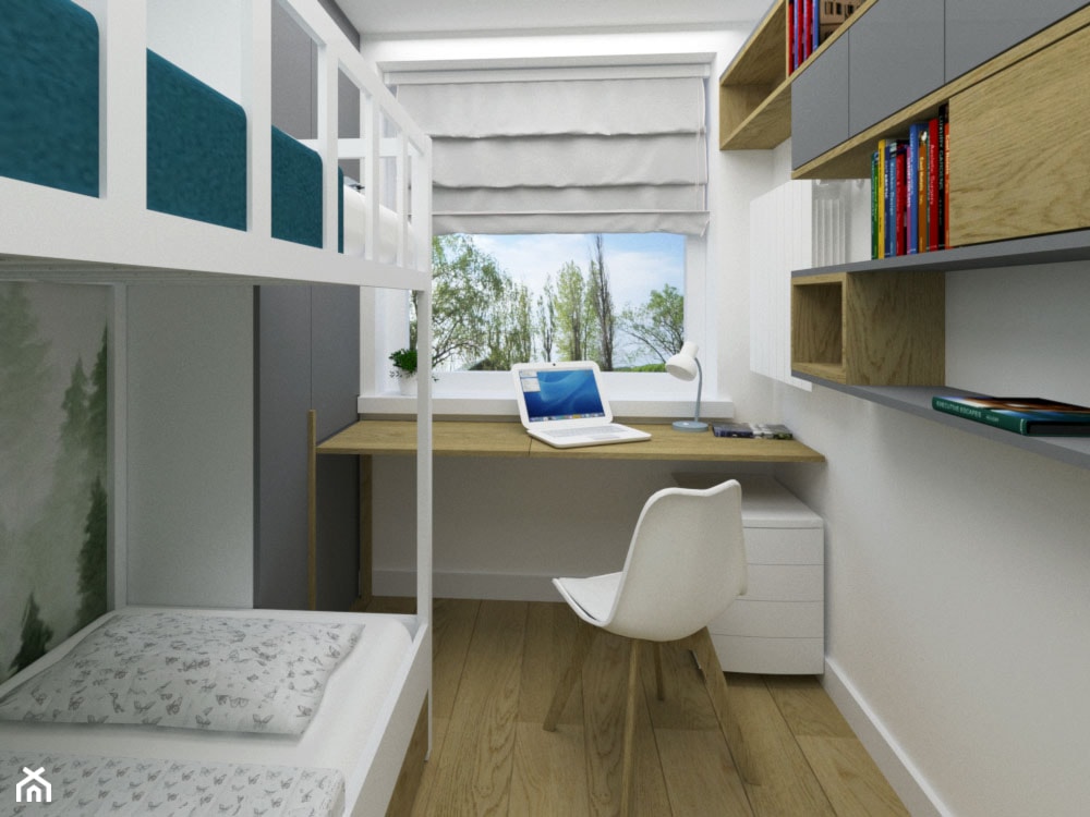Mały pokój dziecięcy z piętrowym łóżkiem - Mały biały pokój dziecka dla nastolatka dla chłopca dla dziewczynki dla rodzeństwa, styl nowoczesny - zdjęcie od KDK Design - Homebook