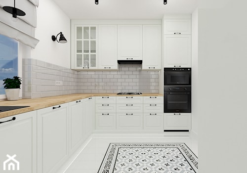 Kuchnia w stylu prowansalskim - Średnia zamknięta biała szara z zabudowaną lodówką z nablatowym zlewozmywakiem kuchnia w kształcie litery l z oknem, styl prowansalski - zdjęcie od KDK Design