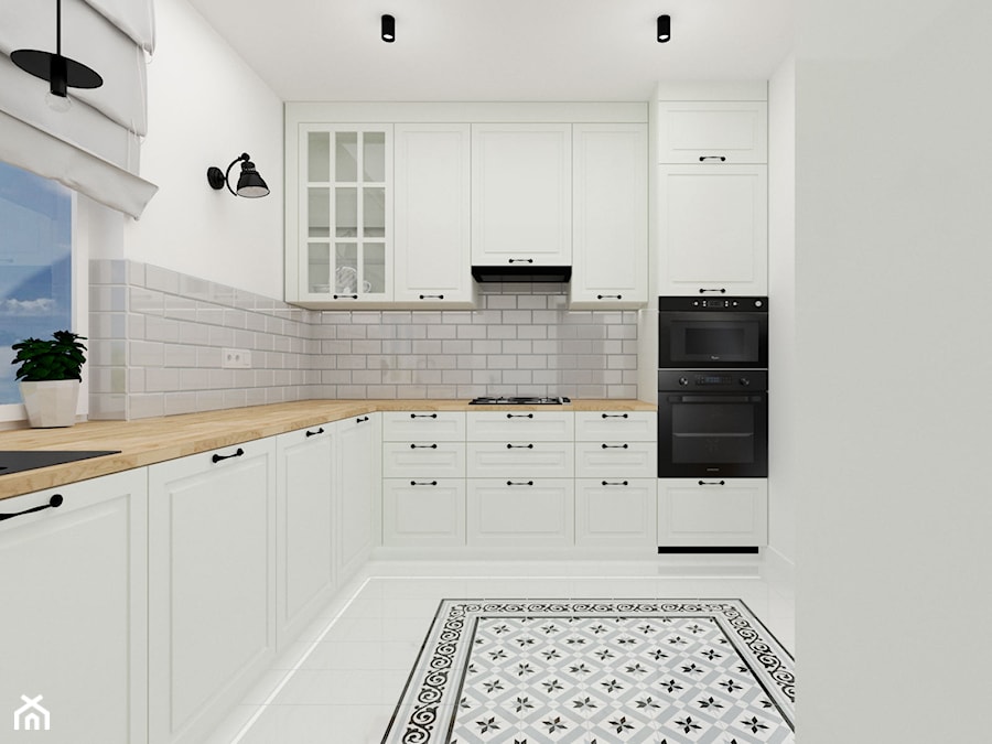 Kuchnia w stylu prowansalskim - Średnia zamknięta biała szara z zabudowaną lodówką z nablatowym zlewozmywakiem kuchnia w kształcie litery l z oknem, styl prowansalski - zdjęcie od KDK Design