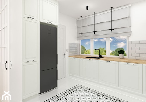 Kuchnia w stylu prowansalskim - Średnia otwarta biała szara z zabudowaną lodówką z nablatowym zlewozmywakiem kuchnia w kształcie litery l z oknem, styl prowansalski - zdjęcie od KDK Design