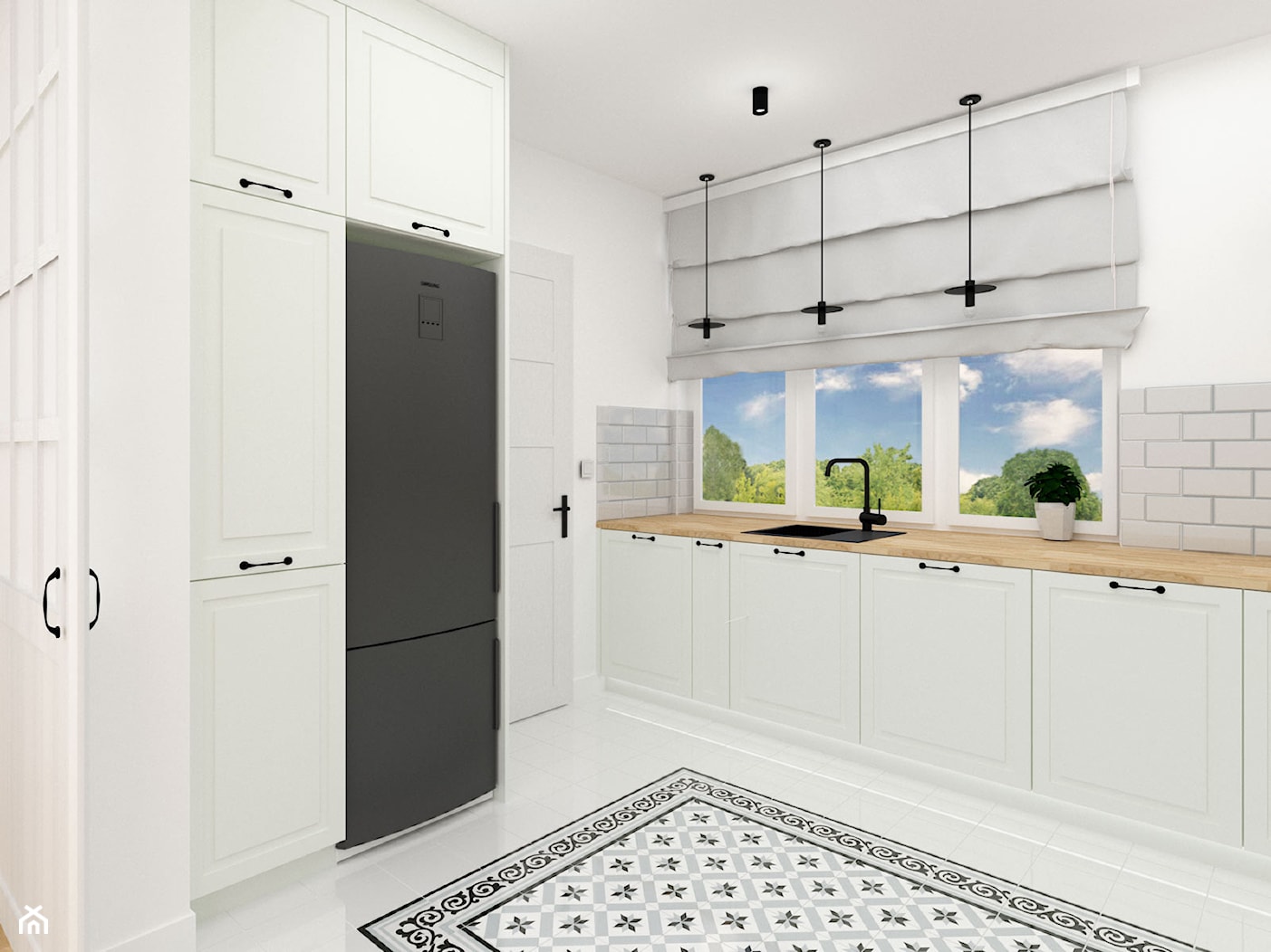 Kuchnia w stylu prowansalskim - Średnia otwarta biała szara z zabudowaną lodówką z nablatowym zlewozmywakiem kuchnia w kształcie litery l z oknem, styl prowansalski - zdjęcie od KDK Design - Homebook