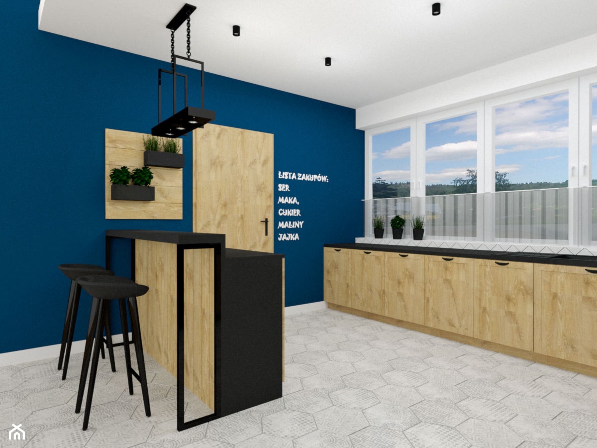 Kuchnia 14m2 - Średnia otwarta z kamiennym blatem biała niebieska z zabudowaną lodówką kuchnia jednorzędowa z wyspą lub półwyspem z oknem, styl industrialny - zdjęcie od KDK Design - Homebook