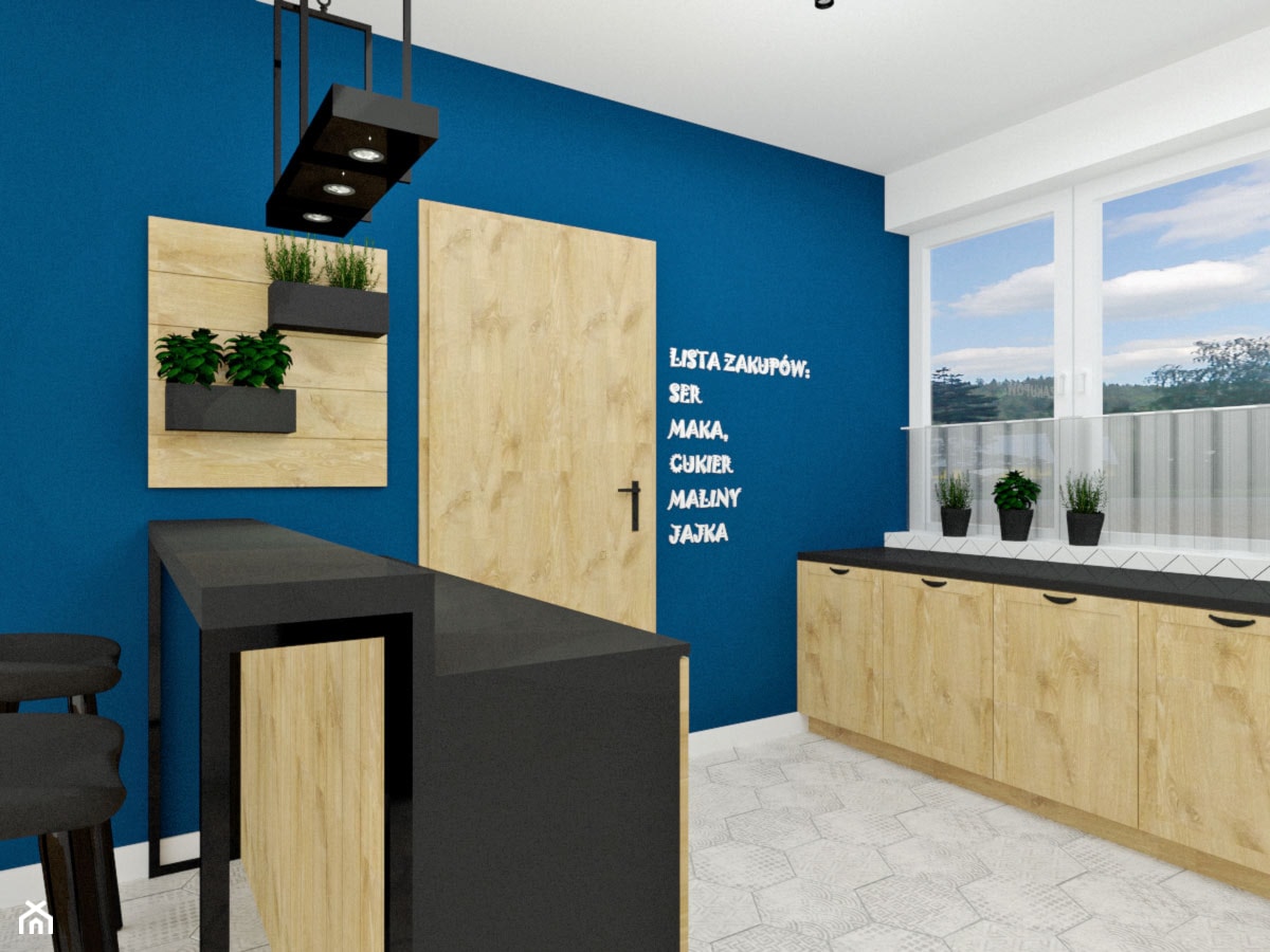 Kuchnia 14m2 - Średnia otwarta z kamiennym blatem biała niebieska z zabudowaną lodówką kuchnia dwurzędowa z oknem, styl industrialny - zdjęcie od KDK Design - Homebook