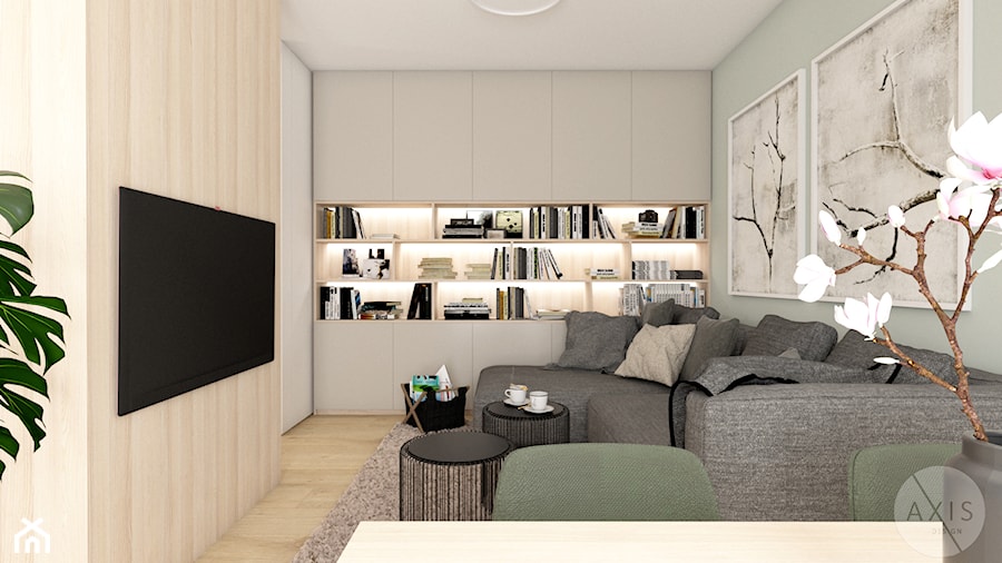 Mieszkanie na warszawskiej Woli - Średni szary salon z bibiloteczką, styl nowoczesny - zdjęcie od AxisDesign