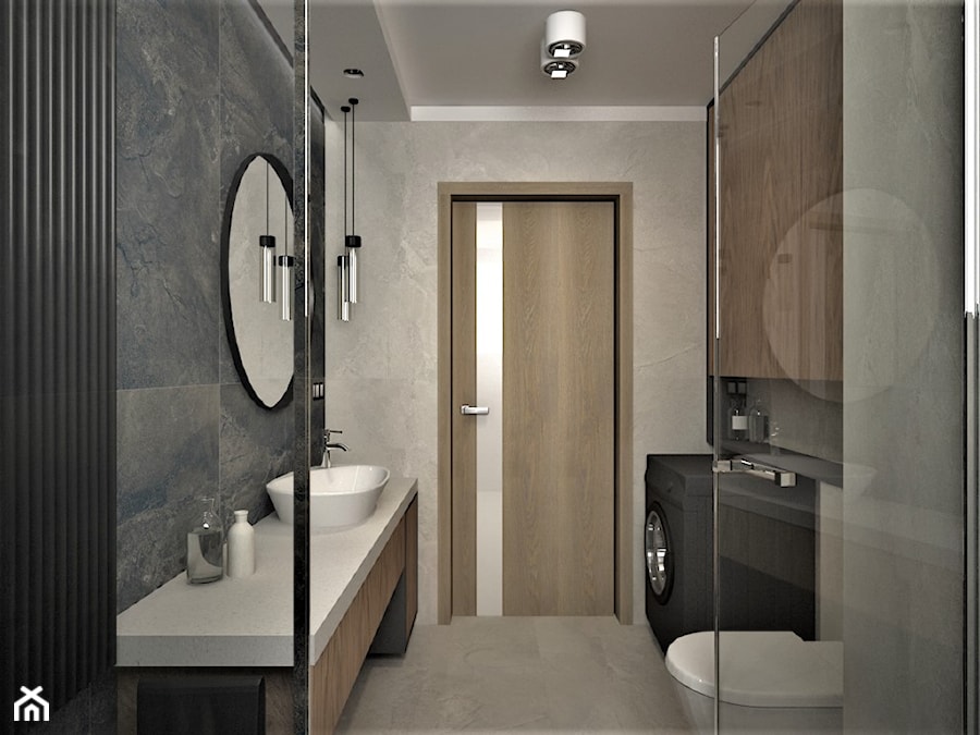 apartament g - Średnia bez okna z pralką / suszarką z lustrem z punktowym oświetleniem łazienka, styl nowoczesny - zdjęcie od Minima Studio