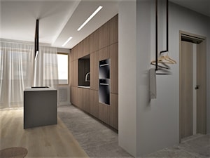apartament g - Średnia otwarta z kamiennym blatem biała z zabudowaną lodówką kuchnia dwurzędowa z wyspą lub półwyspem z oknem, styl nowoczesny - zdjęcie od Minima Studio