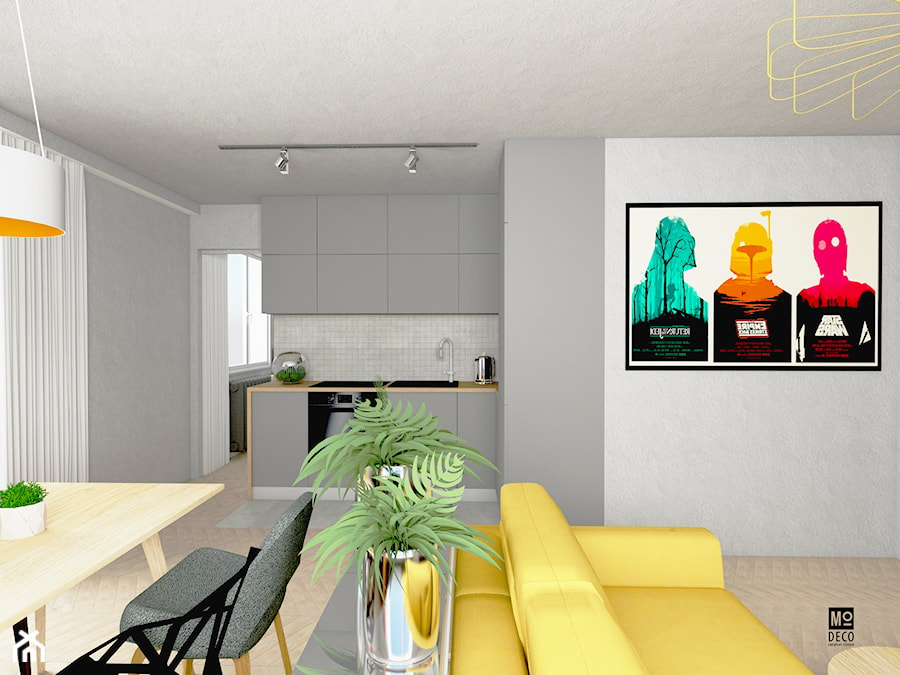 Eklektyczne mieszkanie w Turku - Mała z salonem biała szara z zabudowaną lodówką z podblatowym zlewozmywakiem kuchnia jednorzędowa, styl nowoczesny - zdjęcie od Modeco Magda Olszewska - Architektura wnętrz