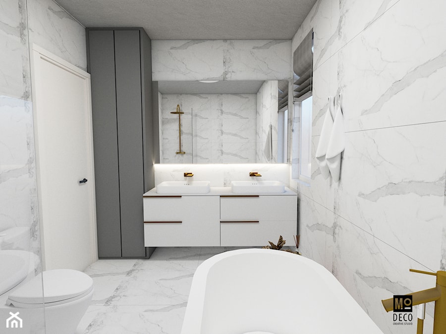 Łazienka w stylu klasycznym - Średnia z lustrem z dwoma umywalkami z marmurową podłogą łazienka z oknem, styl tradycyjny - zdjęcie od Modeco Magda Olszewska - Architektura wnętrz