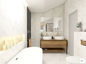 Łazienka z wanną - Średnia na poddaszu z lustrem z dwoma umywalkami z marmurową podłogą łazienka z oknem, styl tradycyjny - zdjęcie od Modeco Magda Olszewska - Architektura wnętrz