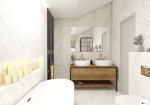 Łazienka z wanną - Średnia na poddaszu z lustrem z dwoma umywalkami z marmurową podłogą łazienka z oknem, styl tradycyjny - zdjęcie od Modeco Magda Olszewska - Architektura wnętrz