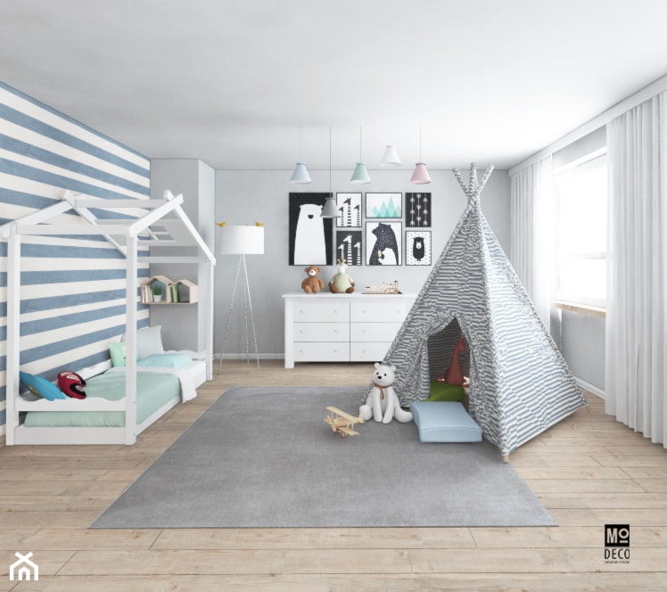 Pokój chłopca w domu pod Warszawą - Średni biały szary pokój dziecka dla dziecka dla chłopca dla dziewczynki, styl tradycyjny - zdjęcie od Modeco Magda Olszewska - Architektura wnętrz