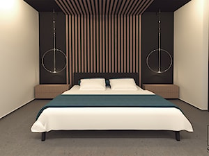 Sypialnia z elementami drewna na ścianie i suficie - zdjęcie od studio98