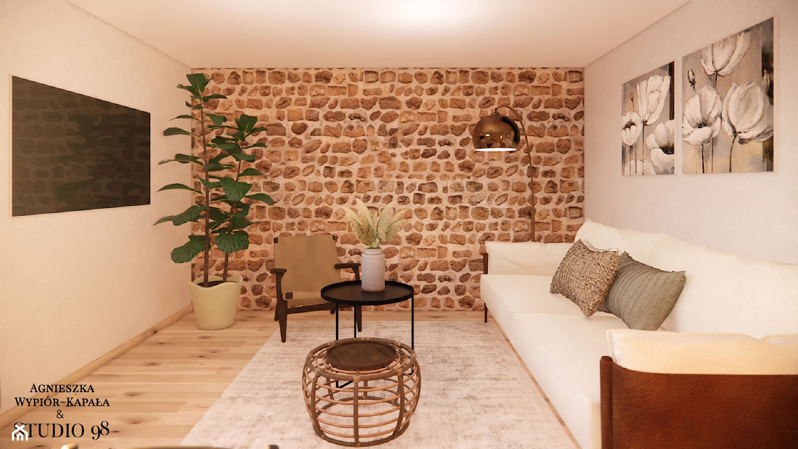 Salon w stylu rustykalnym - ściana z kamienia - zdjęcie od studio98 - Homebook