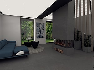 Nowoczesny salon w domu z elementami betonu i niebieskim narożnikiem - zdjęcie od studio98