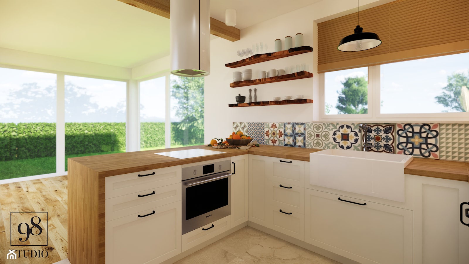 Duża kuchnia z białymi frontami i drewnianym blatem - zdjęcie od studio98 - Homebook