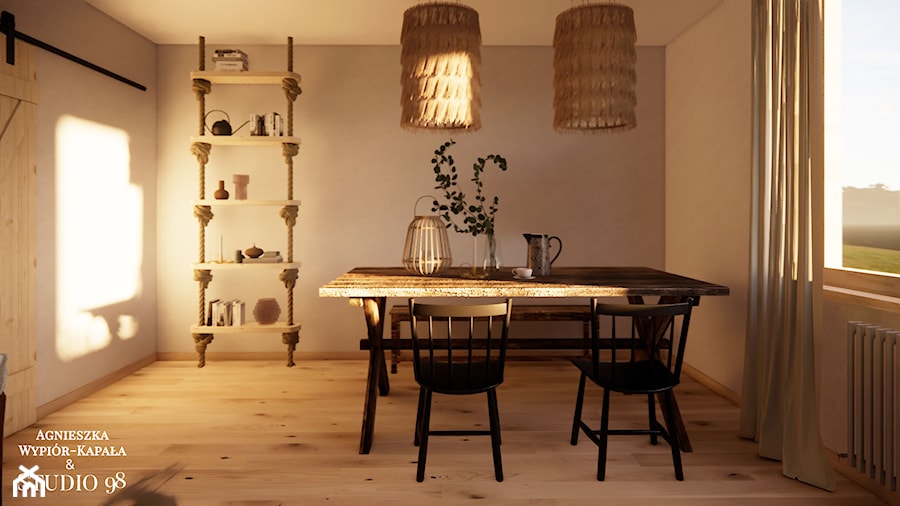 Jadalnia w stylu rustykalnym - stół z krzesłami i ratanowymi lampami - zdjęcie od studio98