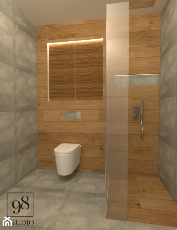 Łazienka z prysznicem w drewnie i betonie - zdjęcie od studio98