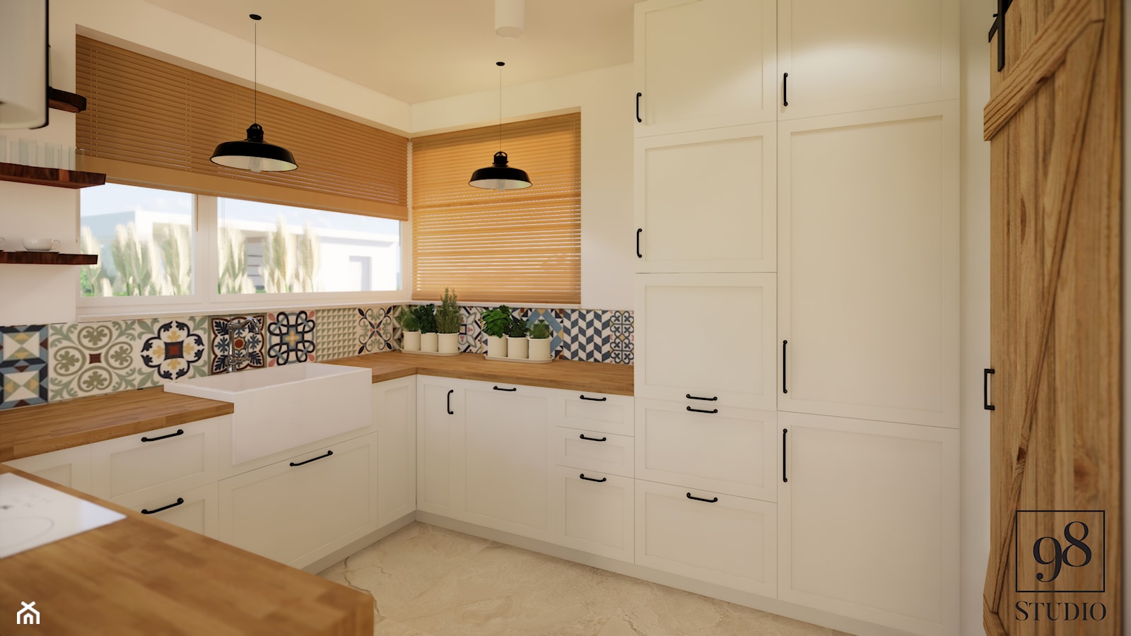 Duża kuchnia z białymi frontami i drewnianym blatem - zdjęcie od studio98 - Homebook