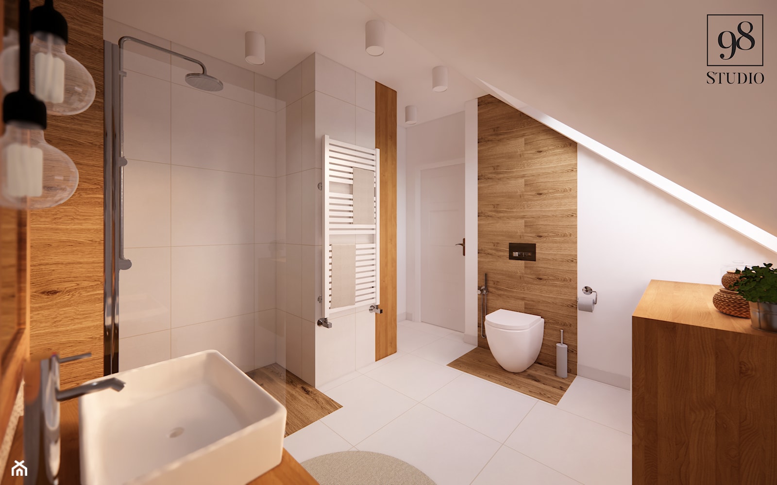 Łazienka ze skosami z mozaika kamienną, drewnem i prysznicem - zdjęcie od studio98 - Homebook
