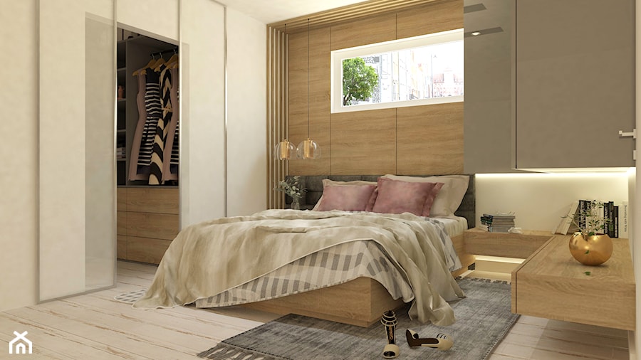 GDAŃSK | SUTERENA | SYPIALNIA - Średnia biała sypialnia z garderobą - zdjęcie od Margaret Architect