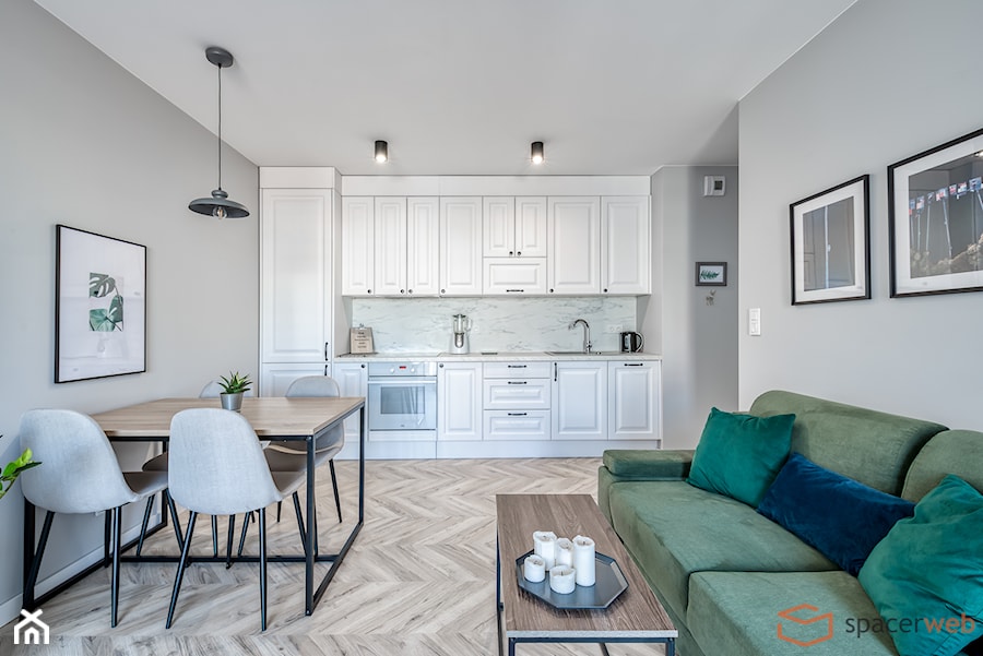 Mieszkanie 2 pokojowe - Mały szary salon z kuchnią z jadalnią - zdjęcie od SpacerWEB Fotografia wnętrz i Wirtualne spacery 3D