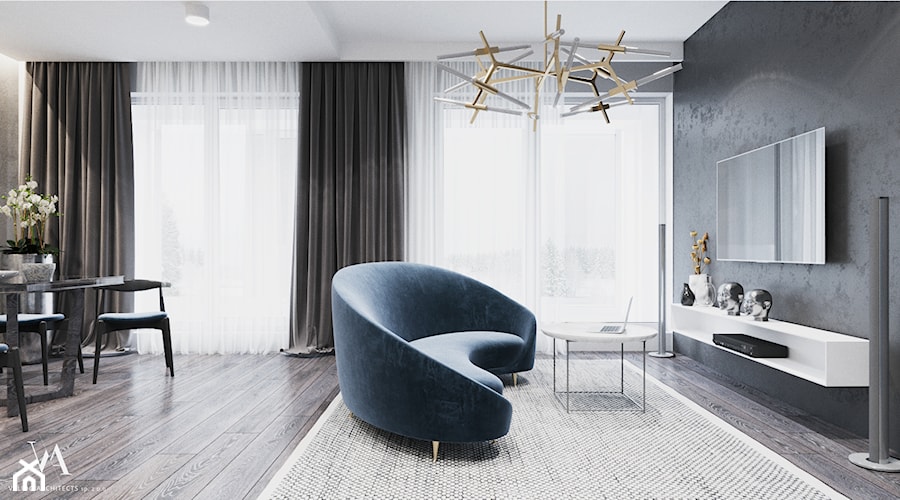 Kaszmirowy błękit - Duży biały czarny salon z jadalnią, styl nowoczesny - zdjęcie od Valido Architects