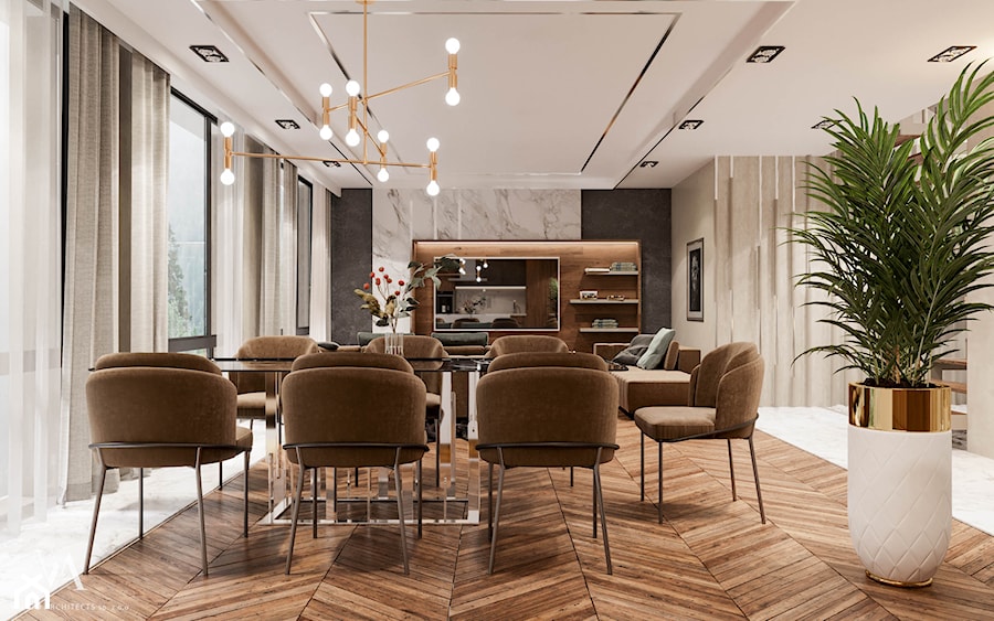 Piaszczysty brzeg - Duża beżowa jadalnia w salonie, styl glamour - zdjęcie od Valido Architects