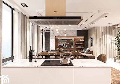 Piaszczysty brzeg - Średnia otwarta z salonem beżowa z zabudowaną lodówką kuchnia z wyspą lub półwyspem z oknem, styl nowoczesny - zdjęcie od Valido Architects