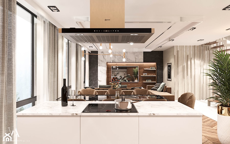 Piaszczysty brzeg - Średnia otwarta z salonem beżowa z zabudowaną lodówką kuchnia z wyspą lub półwyspem z oknem, styl nowoczesny - zdjęcie od Valido Architects