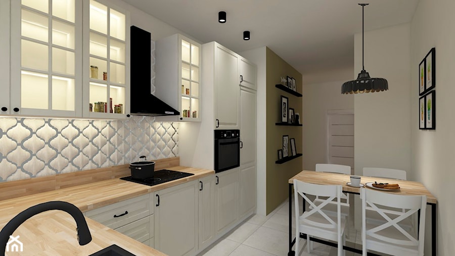 Przytulna kuchnia - Średnia zamknięta biała z zabudowaną lodówką z nablatowym zlewozmywakiem kuchnia w kształcie litery l, styl skandynawski - zdjęcie od MartaPotulska